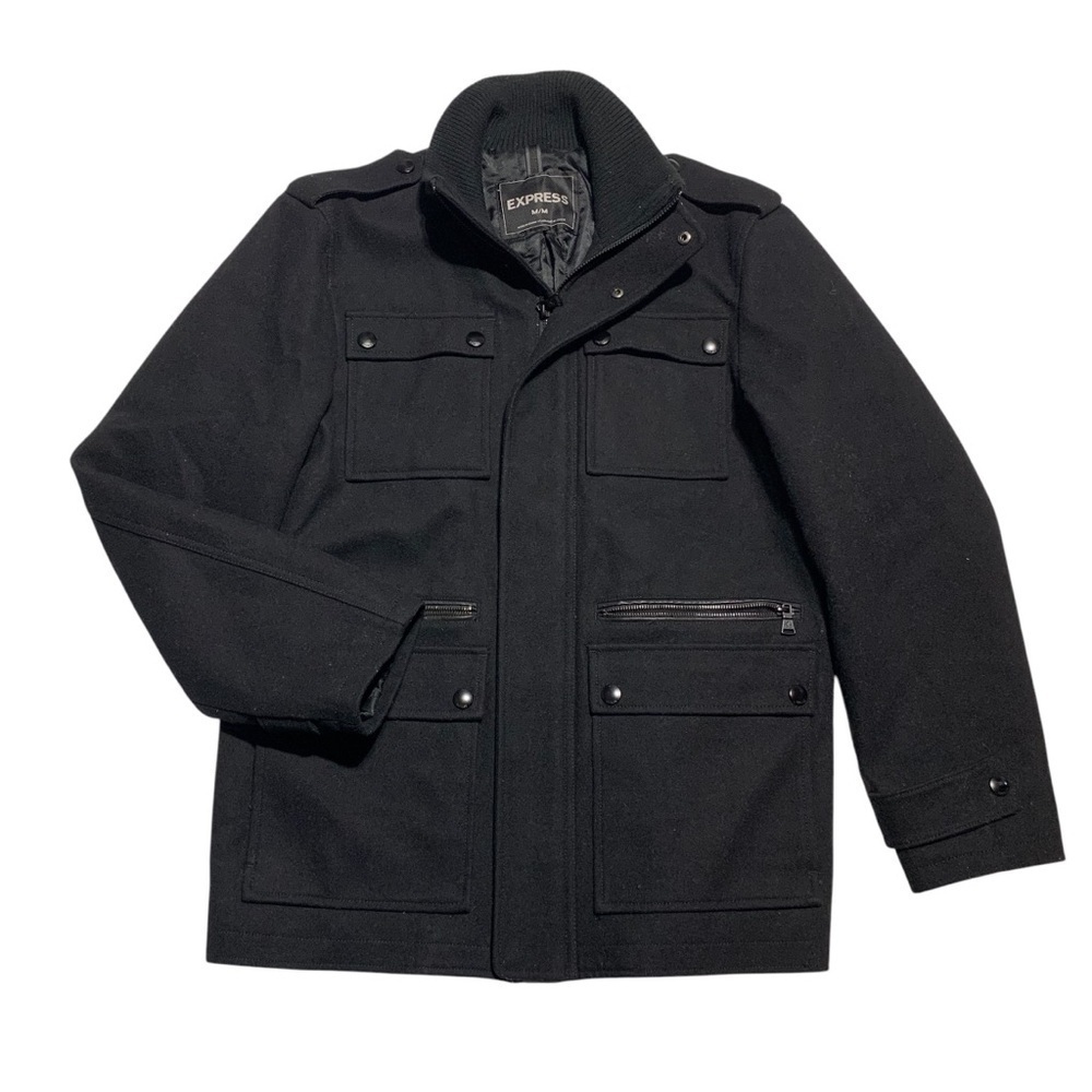 Express Black Wool blend Pea Coat with Notched Lapel and Structured Design